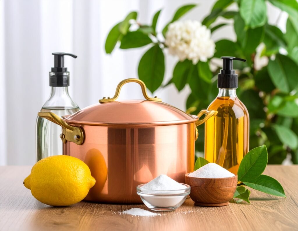 Firefly_Homemade copper cleaner with lemon juice, baking soda, and vinegar next to a copper p 362069