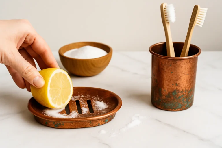 Red copper bathroom accessories being cleaned naturally with lemon and baking soda